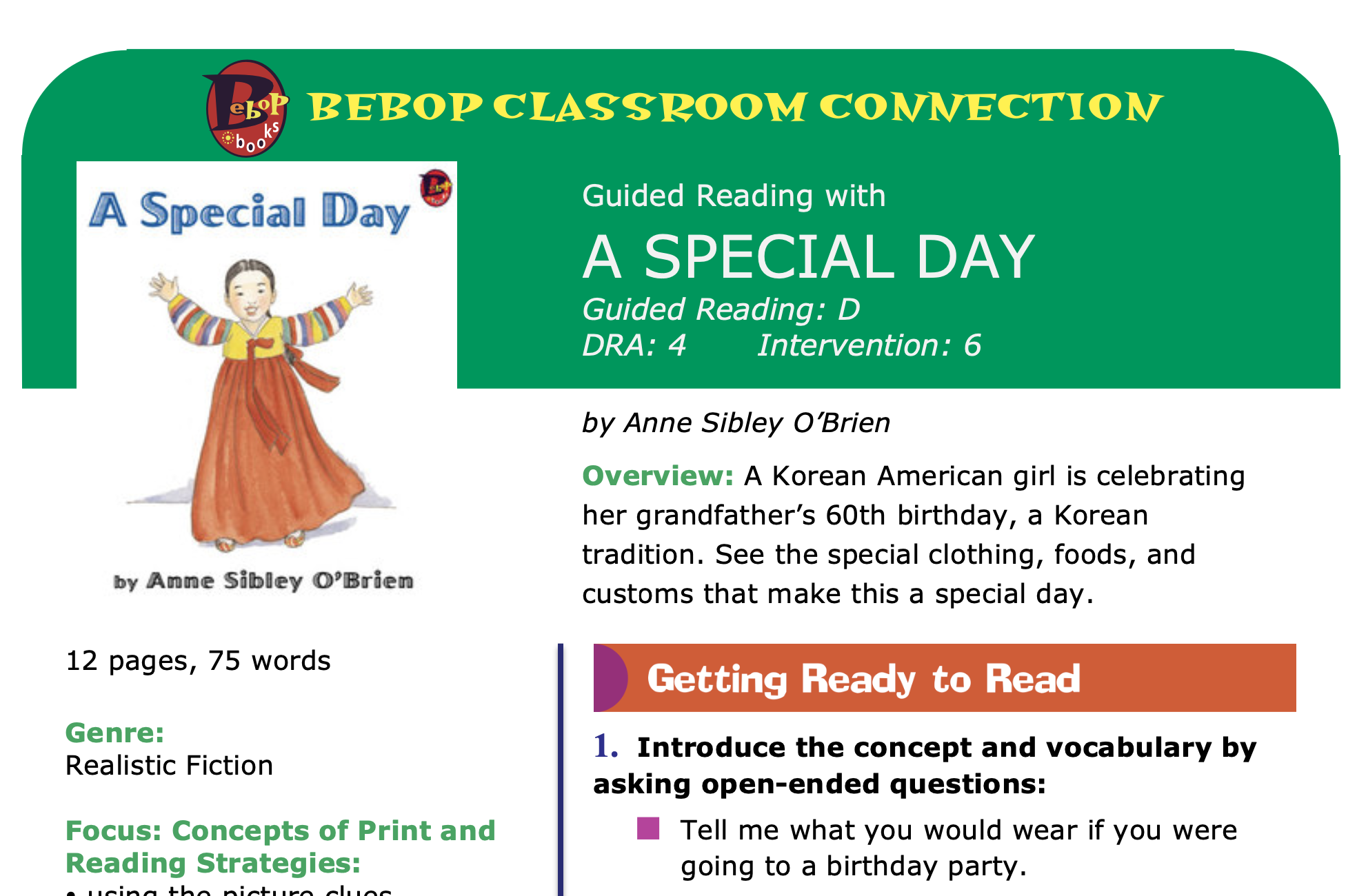 A Special Day - Guided Reading Lesson Plan