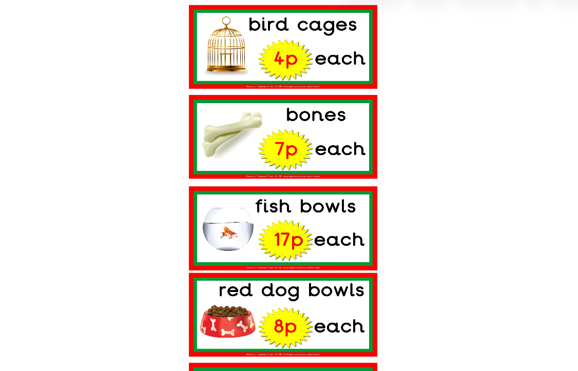 Flashcards - Pet Shop equipment prices