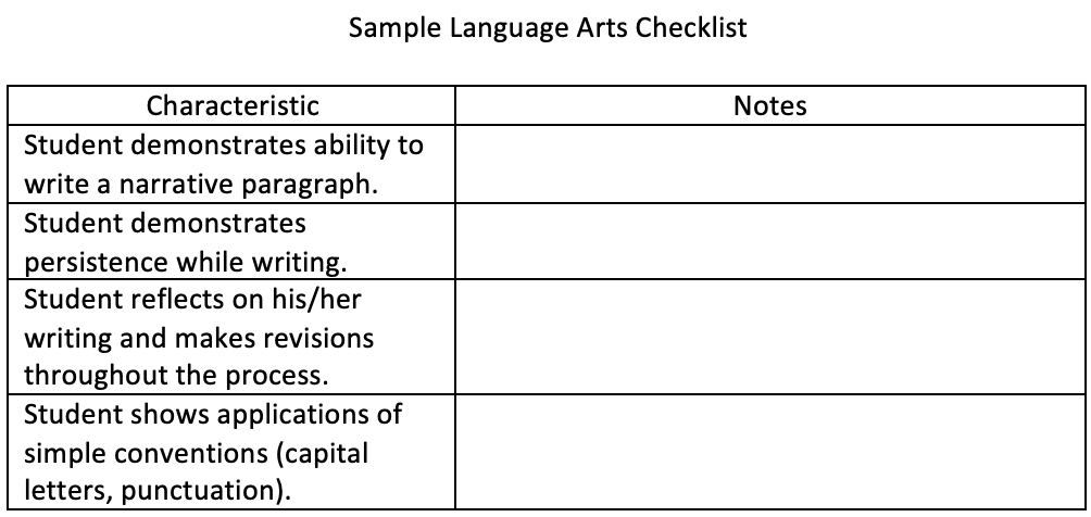 sample language arts checklist