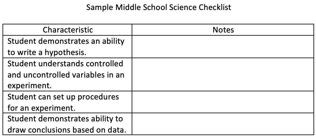 sample middle school science checklist