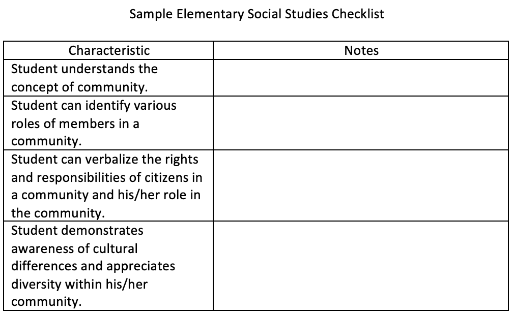 sample elementary social studies checklist