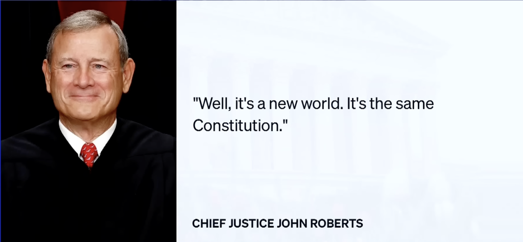 Graphic featuring Chief Justice John Roberts alongside a quote reading, “Well, it’s a new world. It’s the same Constitution,” during Supreme Court arguments on birthright citizenship.