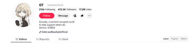 Screenshot of Gabriel Torch's TikTok profile (@bearbaitofficial) showing 472.5K followers and 17.2M likes.