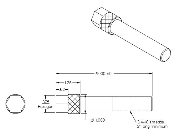 Machining Blueprint for Knurled head w/ Hex Bolt